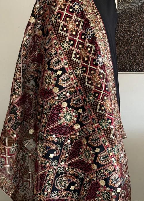 Heavily Embroidered Organza Tissue Silk Dupatta - Jet Sequin Majesty