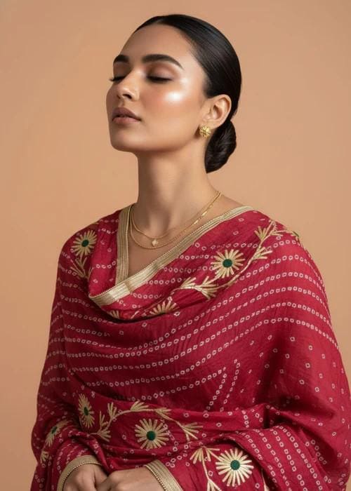 Hand Embroidered Bandini Silk Dupatta - Golden Vine Crimson Drape