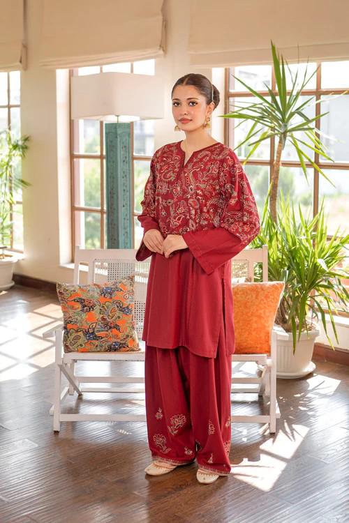2 piece - Embroidered Soft Khaddar Farshi Shalwar Suit - Maroon