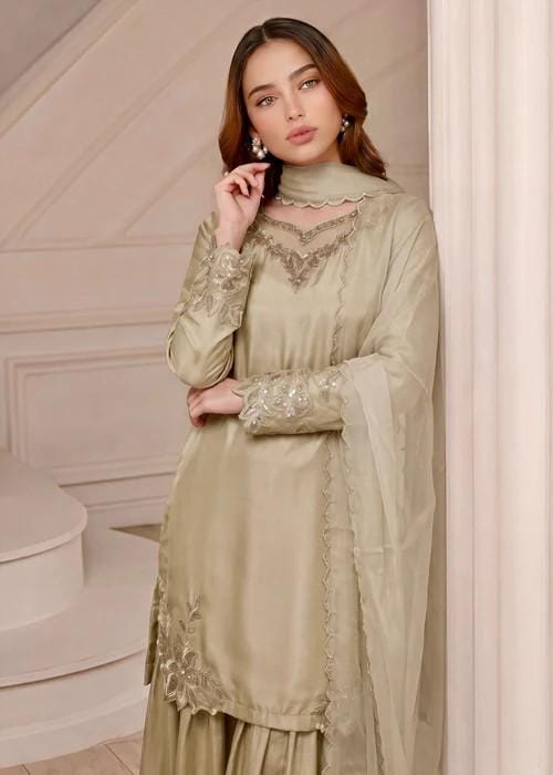 3 Piece Silk Sharara Suit - Sage Green
