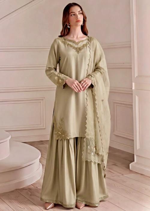 3 Piece Silk Sharara Suit - Sage Green