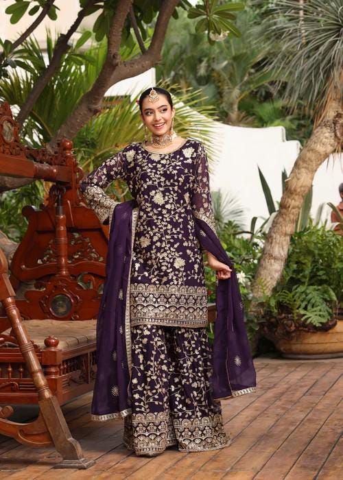 3 Piece Embroidered Chiffon Gharara Suit - Purple