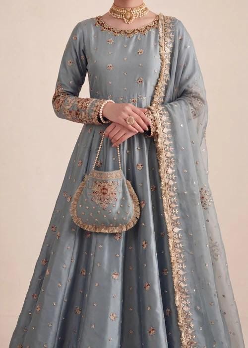 4 Piece Embroidered Silk Palazzo Pishwas w/ Potli Bag - Ice Blue