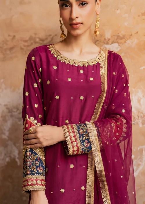 3 Piece Embroidered Chiffon and Silk Crush Sharara Suit