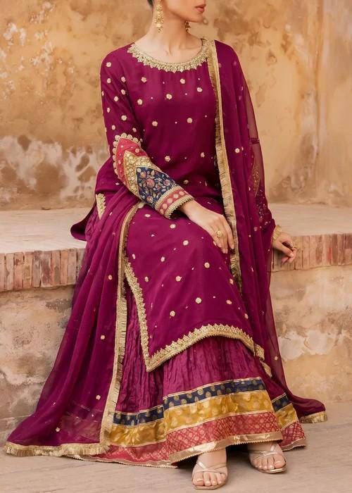 3 Piece Embroidered Chiffon and Silk Crush Sharara Suit