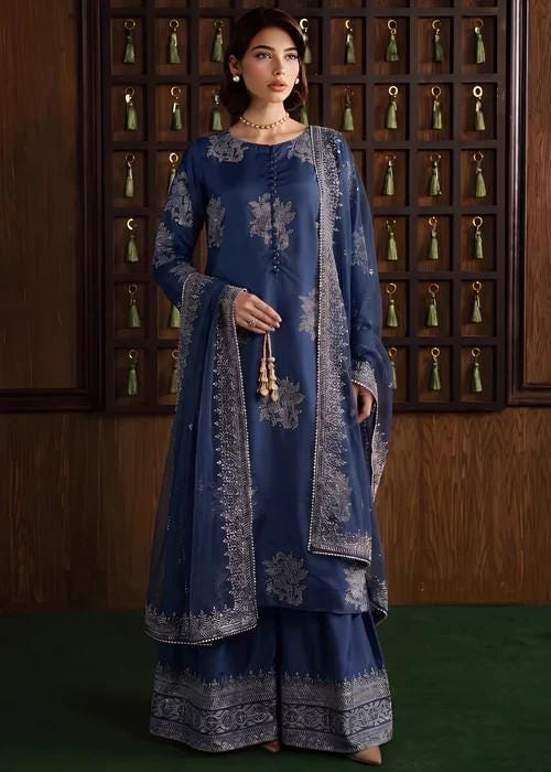 3 Piece Silk Stone Work Kurta and Culottes Set - Cobalt Blue