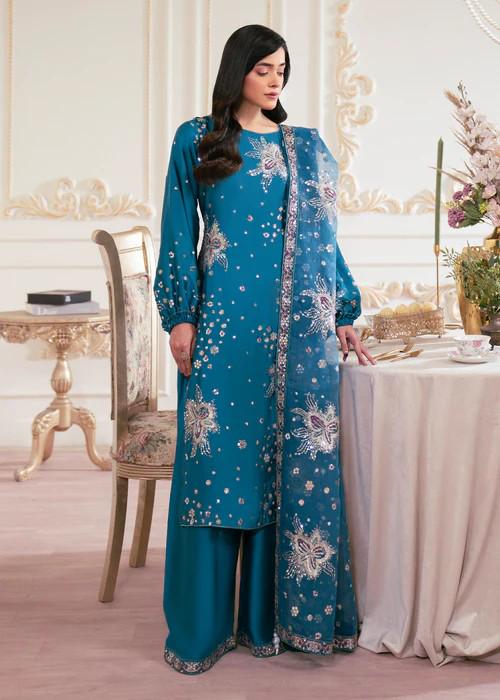 3 Piece Charmeuse Silk Embroidered Palazzo Suit - Steel Blue