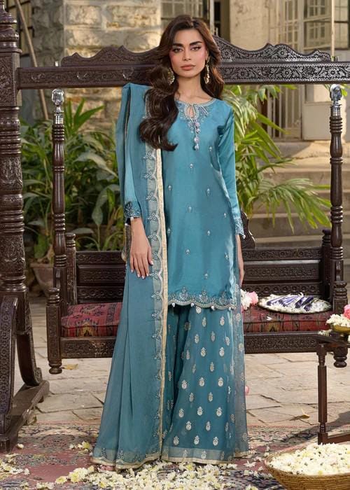 3 Piece Charmeuse Silk Embroidered Palazzo Suit - Soft Powder Teal Blue
