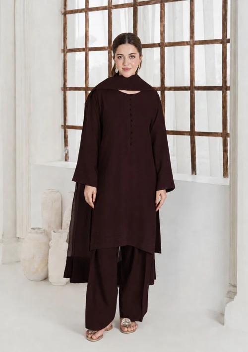 Viscose Silk Farshi Shalwar Suit - Chocolate Brown - 3 Piece - Chiffon Dupatta