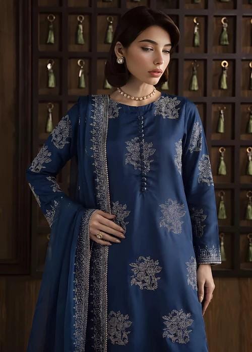 3 Piece Silk Stone Work Kurta and Culottes Set - Cobalt Blue