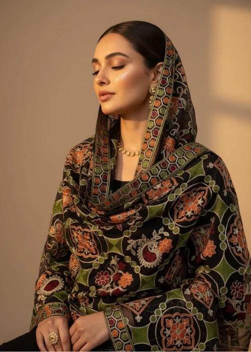Heavily Embroidered Organza Tissue Silk Dupatta - Ornate Noir Weave