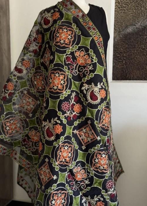 Heavily Embroidered Organza Tissue Silk Dupatta - Ornate Noir Weave