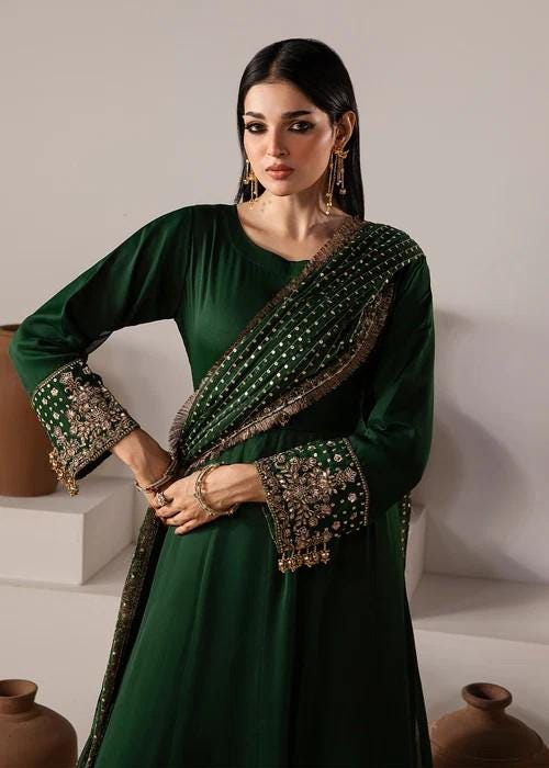 Dark Green Chiffon Maxi Dress - 3 Piece Designer Wear