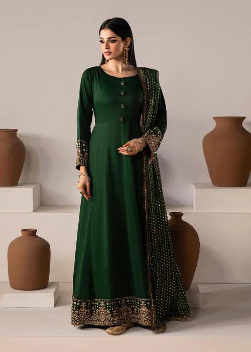 Dark Green Chiffon Maxi Dress - 3 Piece Designer Wear
