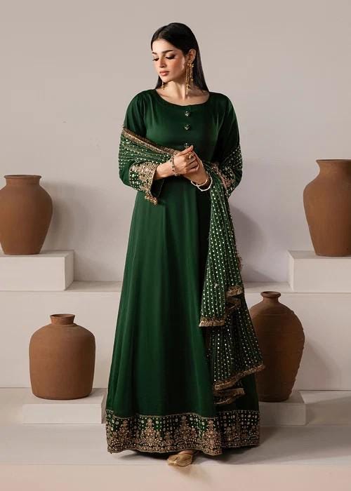 Dark Green Chiffon Maxi Dress - 3 Piece Designer Wear