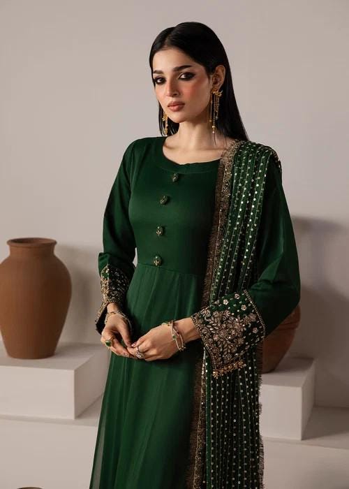 Dark Green Chiffon Maxi Dress - 3 Piece Designer Wear