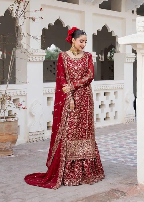 3 Piece Embroidered Chiffon and Jamawar Lehenga Suit