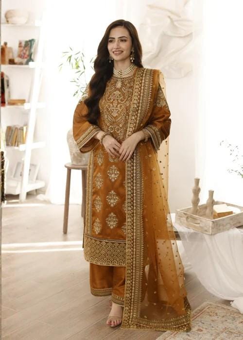 Embroidered Raw Silk Suit - 3 Piece - Rust Orange