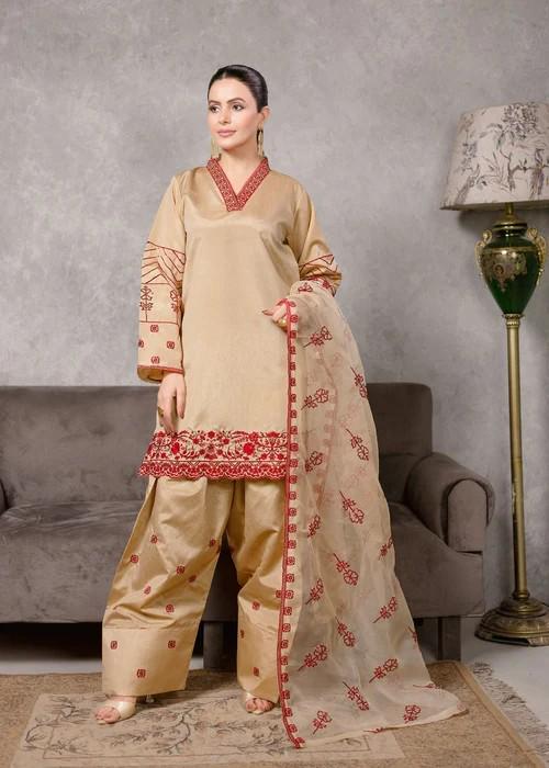 Embroidered Lawn Farshi Shalwar Suit - 3 Piece - Organza Dupatta