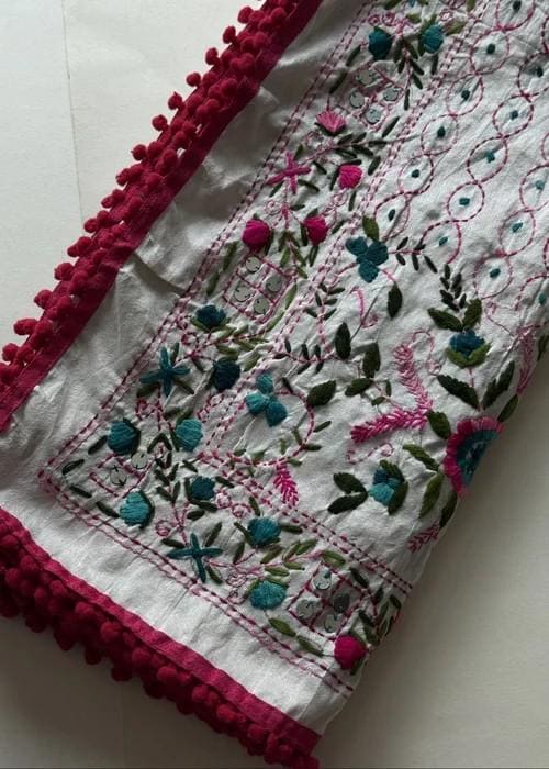 Hand Embroidered with Traditional Needle Work Dupatta - Ivory Blossom Heritage