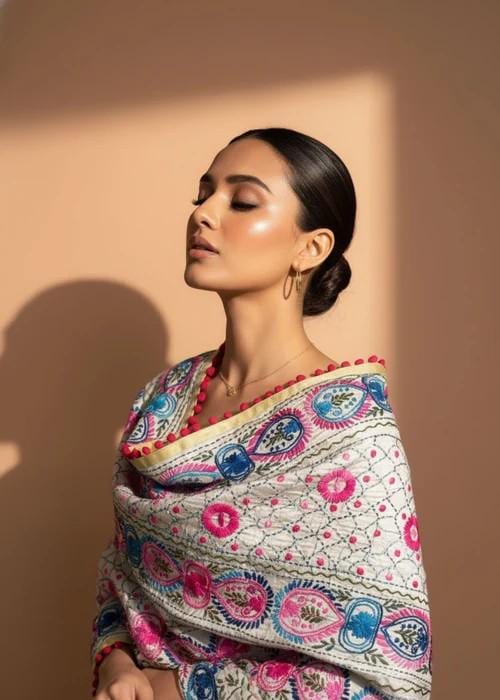 Hand Embroidered with Traditional Needle Work Dupatta - Azure Petal Heritage Wrap
