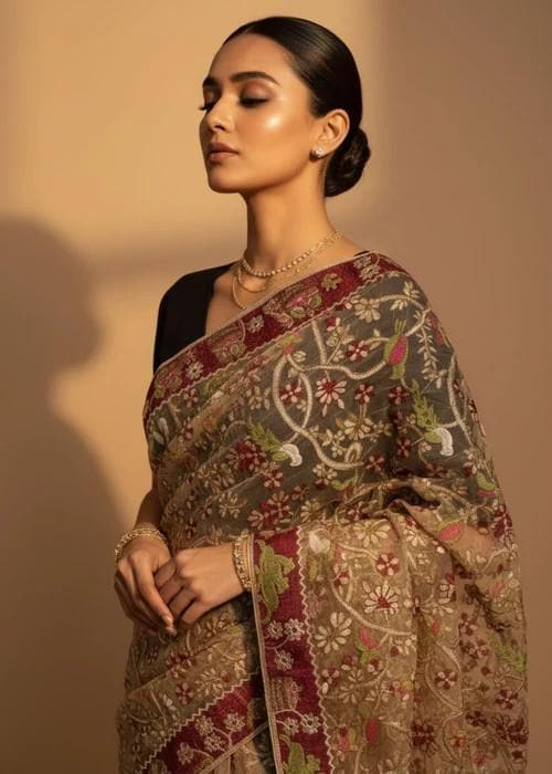 Heavily Embroidered Organza Tissue Silk Dupatta - Heritage Crimson Organza