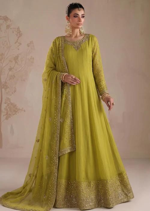 3 Piece Embroidered Chiffon Maxi Suit - Apple Green