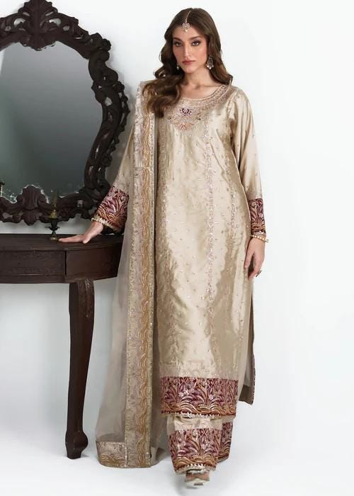 3 Piece Embroidered Charmeuse Silk Sharara Suit - Beige