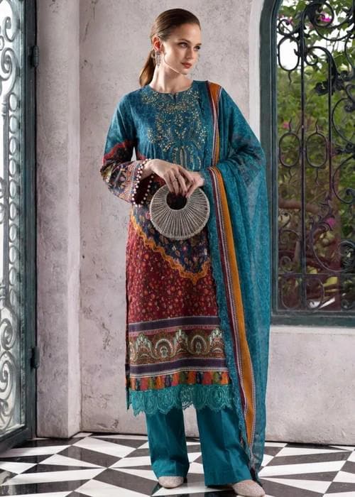 3 piece - Embroidered Lawn Suit with Voile Dupatta - Teal