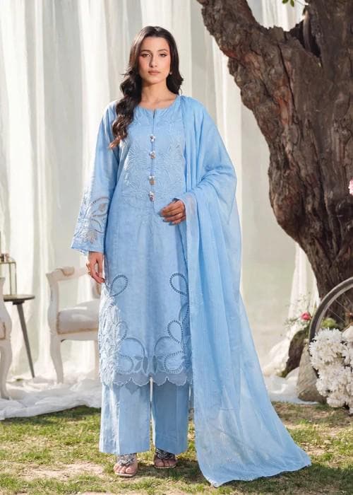 3 Piece Embroidered Lawn Kurta Palazzo Set - Sky Blue