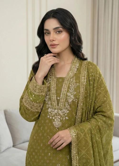 Embroidered Chiffon Kurta Set - 3 Piece - Raw Silk Shalwar - Olive Green