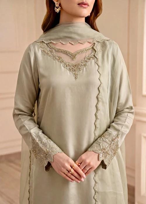 3 Piece Silk Sharara Suit - Sage Green