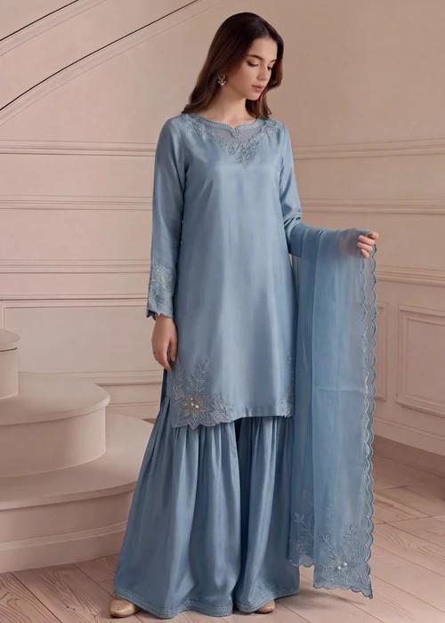 NEW STOCK: 3 Piece Silk Sharara Suit - Ice Blue