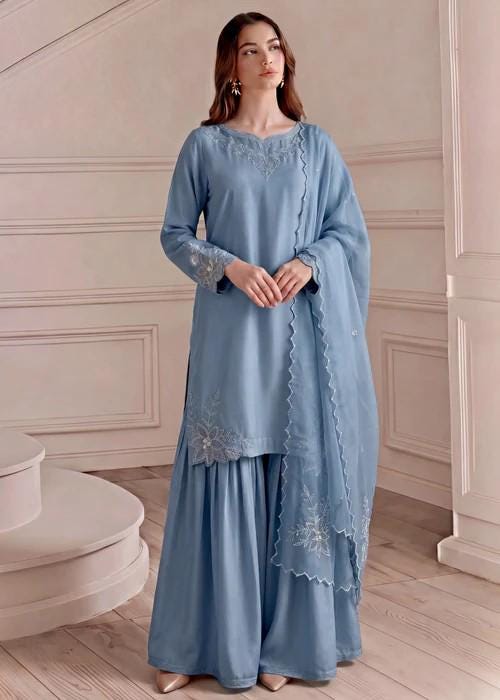 3 Piece Silk Sharara Suit - Ice Blue