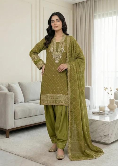 Embroidered Chiffon Kurta Set - 3 Piece - Raw Silk Shalwar - Olive Green
