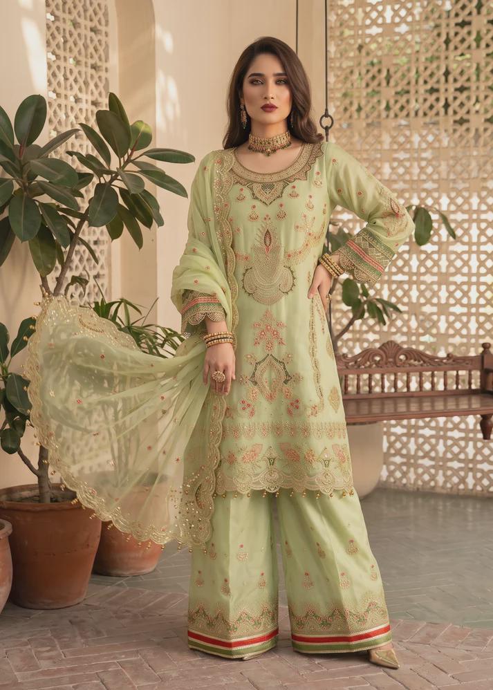 3 Piece Embroidered Organza Sharara - Key Lime