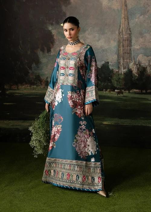 Charmeuse Silk / Shamooz Silk Kaftan with Palazzo Pants and Dupatta - Teal