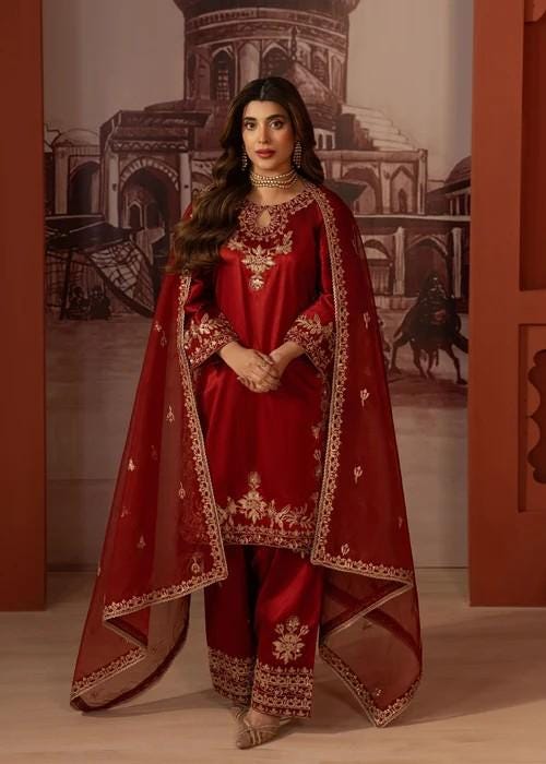 Embroidered Pure Raw Silk Suit - 3 Piece - Blood Red