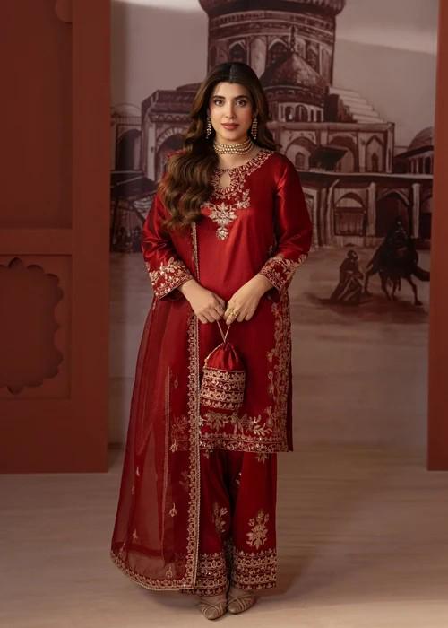 Embroidered Pure Raw Silk Suit - 3 Piece - Blood Red