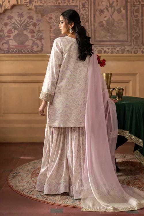 3 Piece Embroidered Silk Finish Lawn Gharara Suit - Ivory - Silk Dupatta