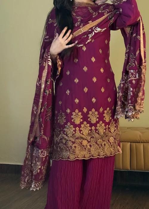 3 Piece Embroidered Chiffon Palazzo Suit - Purple