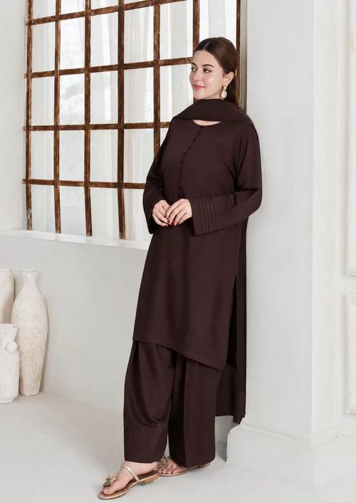 Viscose Silk Farshi Shalwar Suit - Chocolate Brown - 3 Piece - Chiffon Dupatta