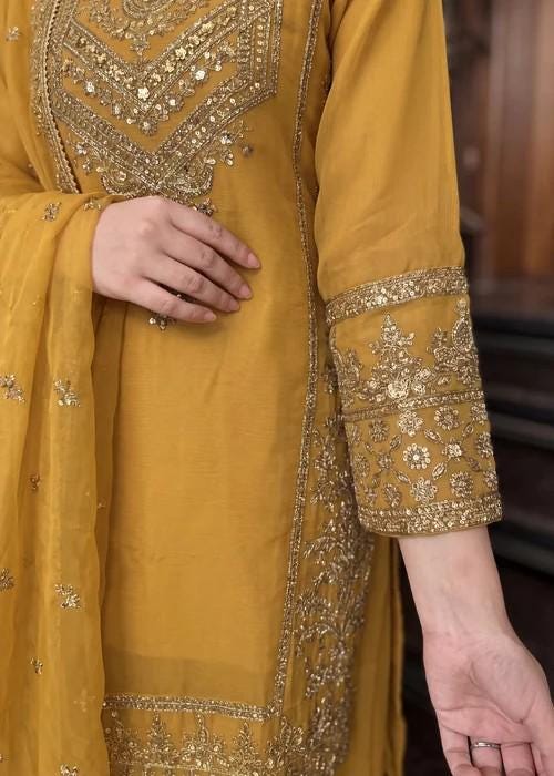 Embroidered Chiffon Sharara - Mustard