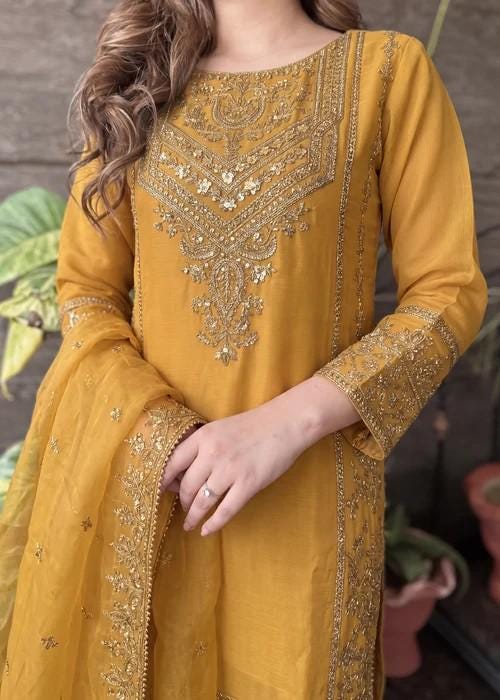 Embroidered Chiffon Sharara - Mustard