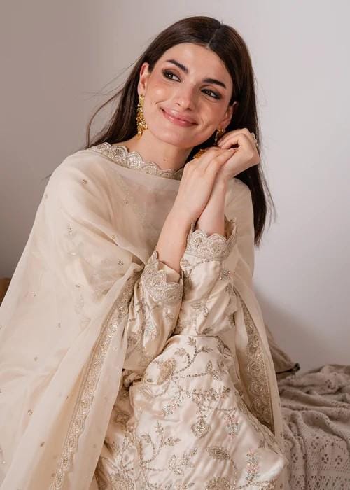 3 Piece Embroidered Charmeuse Silk Suit - Chiffon Dupatta - Beige