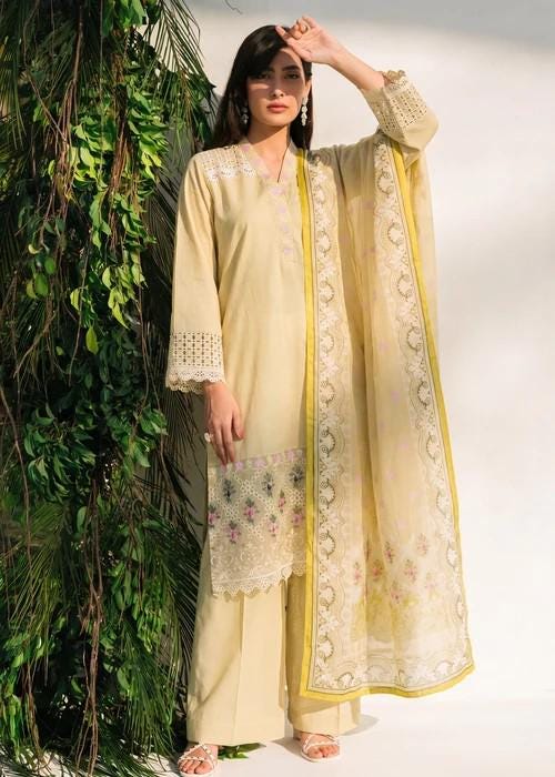 3 Piece Embroidered Lawn Palazzo Suit – Light Yellow