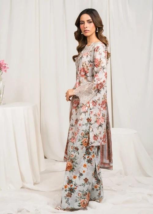 Embroidered Lawn Shalwar Suit – 3 Piece - Grey - Farshi Shalwar