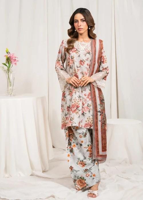 Embroidered Lawn Shalwar Suit – 3 Piece - Grey - Farshi Shalwar