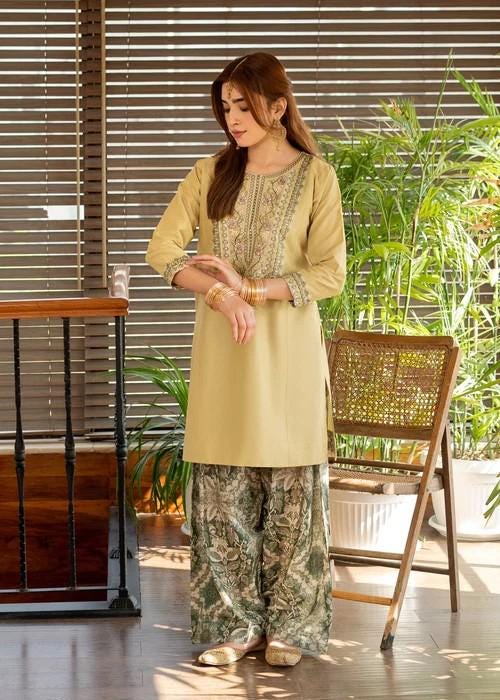 Lawn Kurta Farshi Shalwar - Embroidered Set in Mellow Yellow
