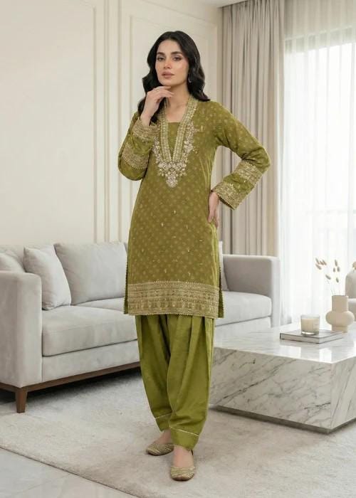 Embroidered Chiffon Kurta Set - 3 Piece - Raw Silk Shalwar - Olive Green